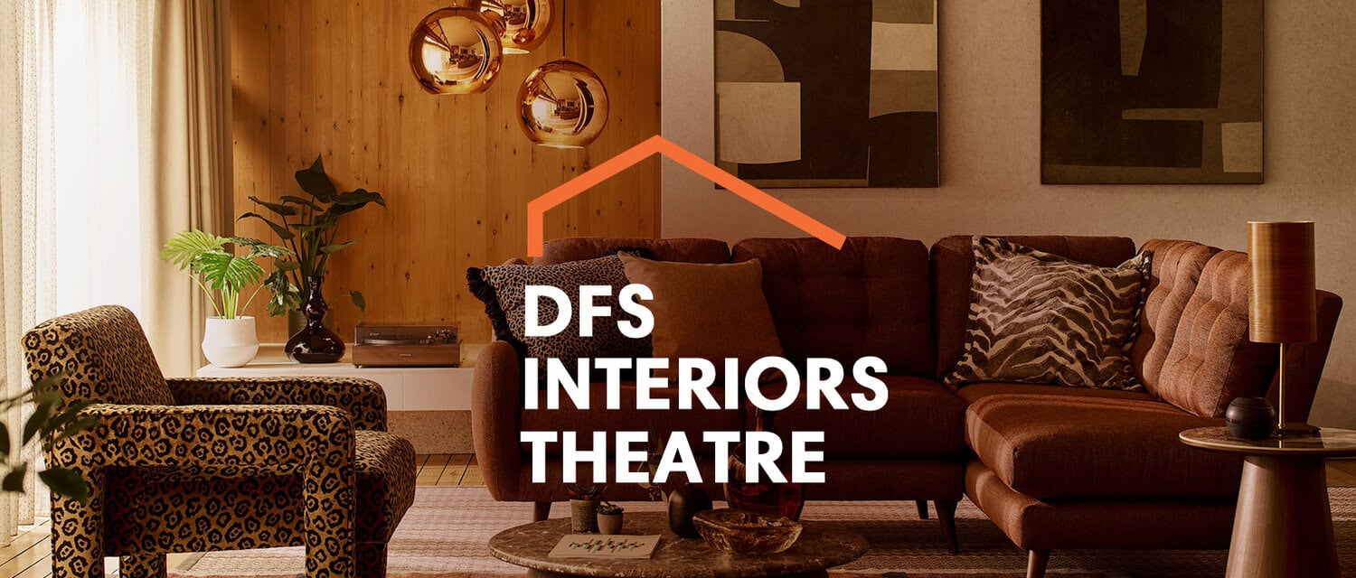 Elegant living room setup at PTSB Ideal Home Show with DFS&nbsp;Interiors&nbsp;Theatre.